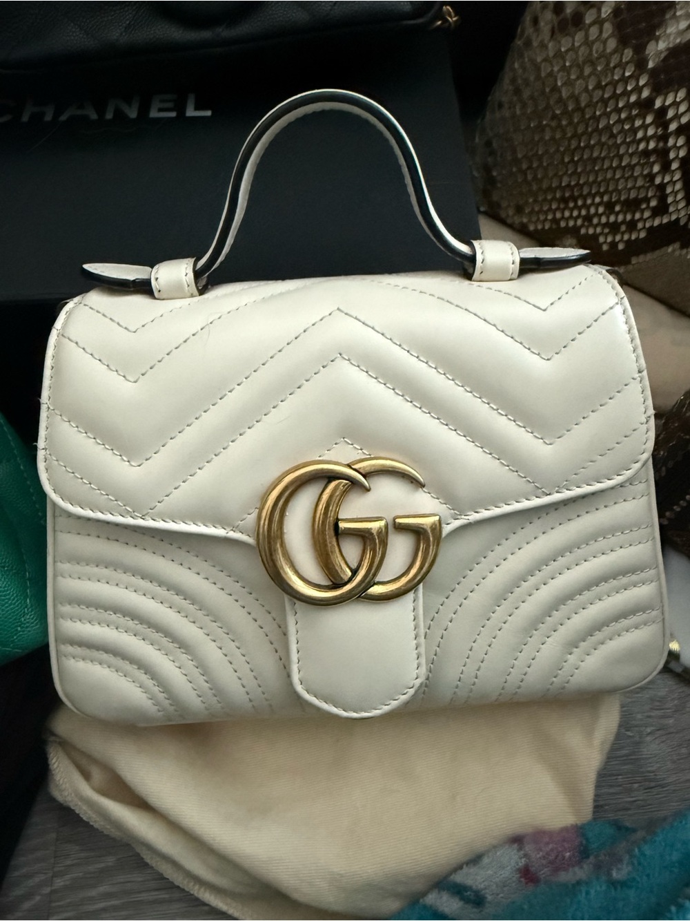 Gucci Cream GG Marmont Small Top Handle Crossbody